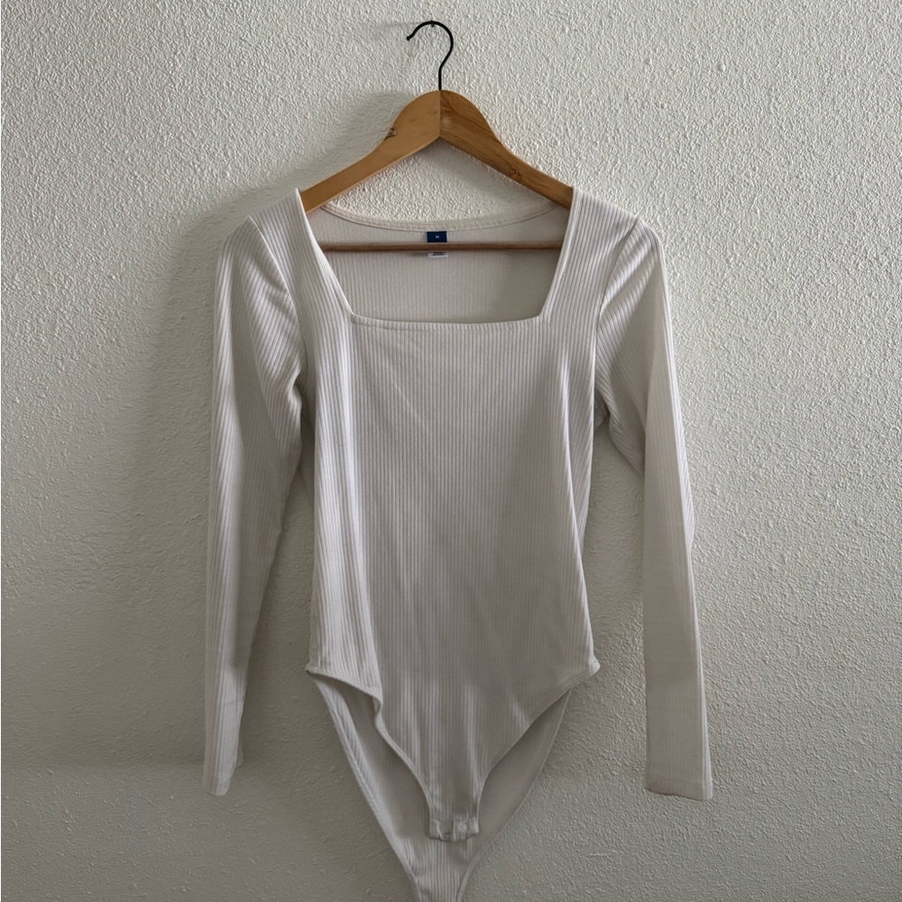 Women's White Ribbed Long Sleeve Bodysuit